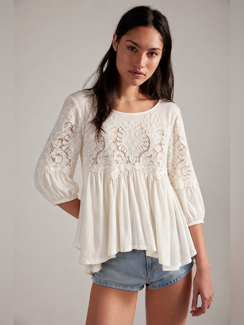 Anthropologie Deletta Ivory Crochet Lace Yoke Babydoll High Low Top L